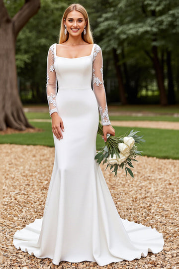 Long Sleeve Mermaid Square Neck White Wedding Dress With Lace